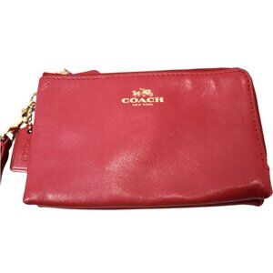 Coach F64581 Classic Red Leather Double Corner Zip Wallet Wristlet Gold
